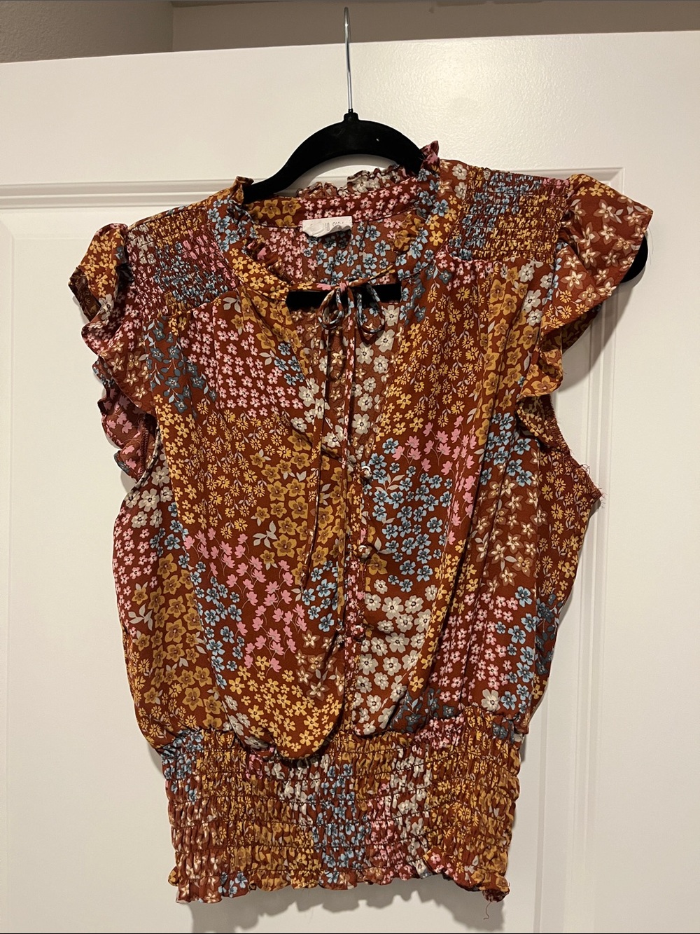 Sienna Sky Rust Multi Floral Smocked-Waist Tie Blouse